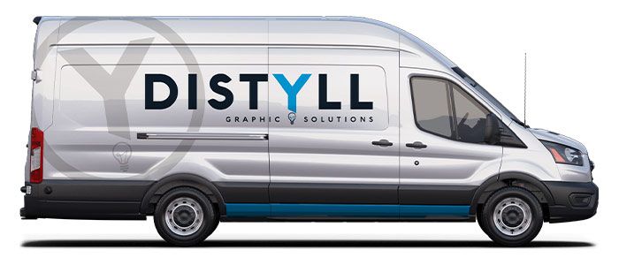 A white van with the Distyll logo graphic covering two-thirds of it.